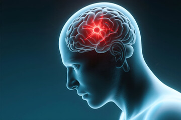 3D render of a human head with a glowing red area in the brain, symbolizing pain, injury, or neurological disorder.