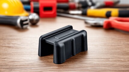 Fototapeta premium Medium shot of a custom plastic 3D printed electronic part showcasing smooth detail with blurred workshop tools in the background for precise prototyping.