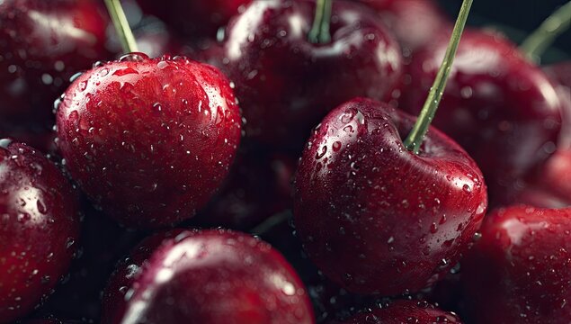 Close-up shot of ripe, shiny red fruit with water droplets, stems visible