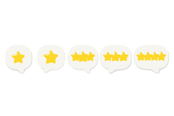 3D star rating vector illustration. Customer review, online feedback, and survey concept. Set of one to five yellow stars in speech bubbles. Quality satisfaction evaluation.