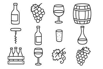 Wine icons set hand drawn doodle style. Linear bottle, glass, grapes, barrel, corkscrew elements. Vector line art illustration for winery, bar menu or wine tasting concept.