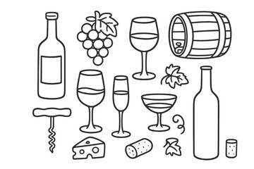Hand drawn wine icon collection. Linear vector doodle set with bottle, glass, grapes, barrel, cheese, and corkscrew. Outline illustration for winery or restaurant menu design.