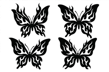 Flame butterflies silhouette set. Y2K 90s tribal fire butterfly tattoo art vector illustration. Gothic emo punk rock style insect design element for sublimation or sticker.