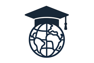 Global education icon with graduation cap on a world globe. E-learning, distance learning, and online university degree concept. Study abroad and international student symbol.