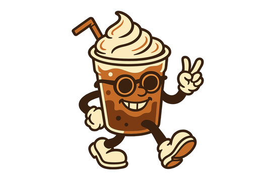 Groovy retro coffee mascot. 70s vintage iced coffee character in a plastic cup with cream. Funny walking dude showing a peace sign. 60s nostalgic cartoon for cafe menu or logo.