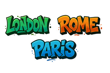 London, Rome, Paris city names in urban graffiti lettering style. A vector set of European capital logos. Modern street art typography and cartoon illustrations for t-shirts.
