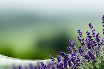 Lavender flowers in the right corner against a blurred green field and white sky