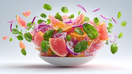A vibrant bowl of grapefruit, orange slices, red onion, and mint leaves bursting upward