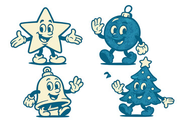 Retro Christmas characters set. Vintage 30s cartoon mascots. Duotone star, bauble, bell, tree. Groovy animation style vector illustration for festive holiday design.