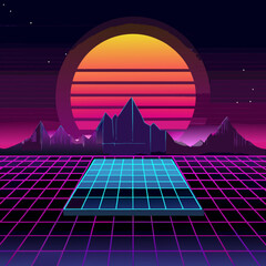 A glowing retro-futuristic interface with a neon grid and data display against a dark synthwave sunset. Perfect for tech, gaming, and music visuals targeting Millennials and Gen Z.
