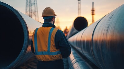 A worker examining large metal pipes, representing the construction or infrastructure industry.