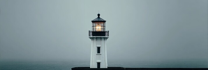 A white lighthouse with a lit lantern stands tall against a grey sky, overlooking a misty sea