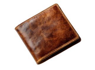 Rustic brown leather wallet men's bifold vintage style, Isolated On Transparent Background, Png