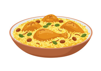 Chicken biryani, a flavorful rice dish with tender chicken pieces, spices, and herbs. Perfect for food blogs, restaurant menus, and culinary presentations.