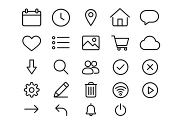 Web user interface line icons set. UI UX graphic design elements. Collection of pictograms: home, settings, search, like, profile. Editable stroke vector symbols for apps.
