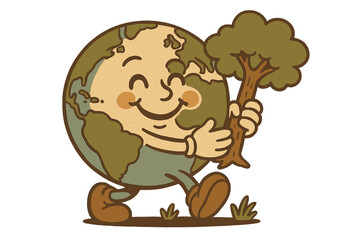 Vintage motivational poster with happy walking Earth planet character hugging tree, 70s retro style mascot design, environmental protection concept, Happy Earth Day celebration graphic