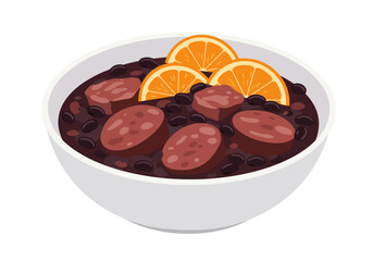 Bowl of feijoada, brazilian black bean stew with sausage and oranges. Perfect for food blogs, restaurant menus, and cultural publications.