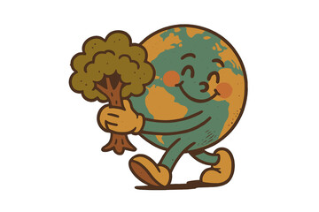 Vintage retro mascot Earth character walking happily, hugging tree, 70s style cute happy planet illustration, environmental protection, nature conservation design, Earth Day celebration concept