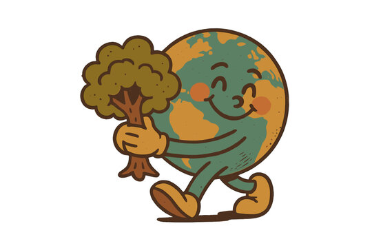 Vintage retro mascot Earth character walking happily, hugging tree, 70s style cute happy planet illustration, environmental protection, nature conservation design, Earth Day celebration concept