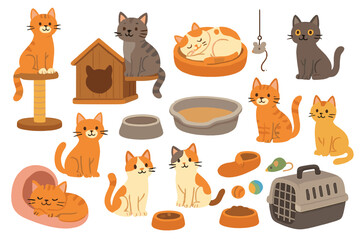 Set of cat accessories and pet care items with 8 cute cats, including scratching post, house, beds, food bowls, litter tray, slippers, carrier, and toys for cat lovers and pet shops