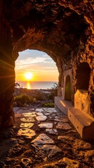 Sunrise through a cave opening onto the sea