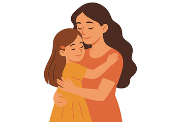 Mother and daughter embracing with love. Mom hugging her child. Happy Mothers Day greeting card concept. Woman and girl family bond. Parenthood care vector illustration.