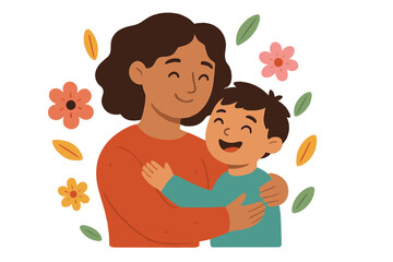 Mother and son hug. Happy family vector illustration for mothers day greeting card. Mom and child embrace. Woman with kid. Parenthood love, care, tenderness and support concept.