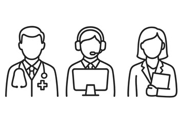 Set of professional avatars line icons. Doctor, call center operator and businesswoman symbols for web and mobile apps. Vector outline pictogram of medical, support and office staff.