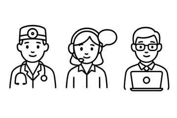 Profession icon set with doctor, customer support agent and office clerk. Medical and business character avatars for web, apps. Outline vector illustrations of various occupations.