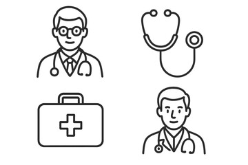 Fototapeta premium Medical line icon set. Doctor, physician head, practitioner avatar, stethoscope, first aid kit. Healthcare vector symbols with editable stroke for clinic, hospital, emergency.