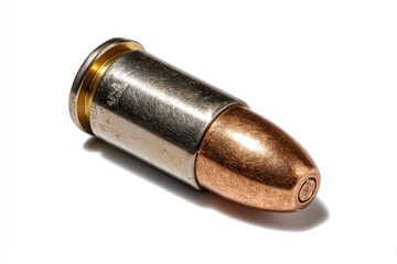 Macro shot of a single bullet, showcasing the metallic components and the tip's detail on white