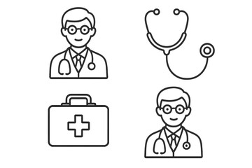 Medical line icon set. Doctor, physician, stethoscope, and first aid kit symbols. Healthcare, clinic, and hospital outline signs. Editable stroke vector illustration.