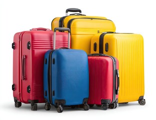 Group of colorful, upright wheeled suitcases isolated on a white background, prepared for travel