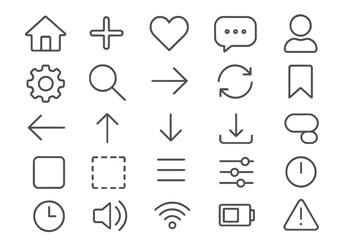 Essential UI/UX thin line icon set. Simple linear symbols for web design, apps, and navigation. Vector pictogram collection including home, search, settings, and profile.