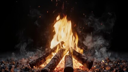 A vibrant campfire blazes, smoke rising against a dark backdrop, logs and embers - Powered by Adobe