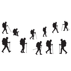 Obraz premium Collection of hiker silhouettes in various poses trekking