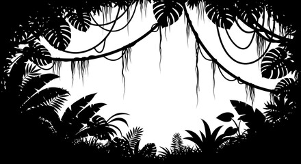 Tropical jungle frame with foliage, vines, and monstera leaves silhouette