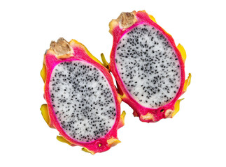 Two halves of fresh dragon fruit isolated on black background, Isolated On Transparent Background, Png