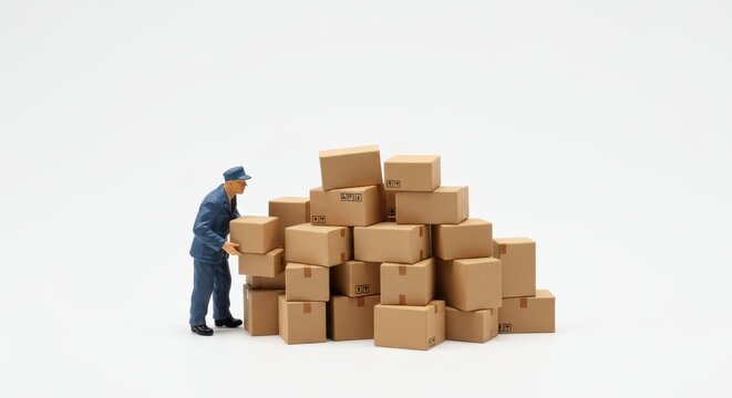 Miniature Delivery Worker Surprised by the Explosion of Online Shopping Packages