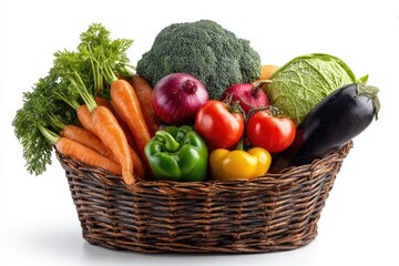 A woven basket overflows with fresh, colorful, and diverse garden-grown vegetables