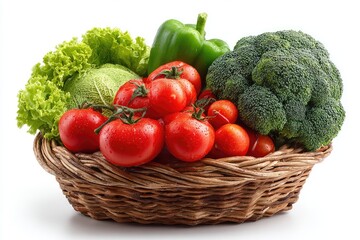 A wicker basket overflowing with various fresh, vibrant vegetables on a white background