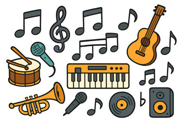 Music icon set with cartoon musical instruments. Vector collection of guitar, piano, drum, trumpet, microphone, speaker, and vinyl record. Audio notes and symbols for design.