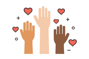 Raised helping hands vector icon. Volunteer and charity work flat illustration. Diverse community support. Multiethnic people unity concept with arms, hearts and geometric elements.