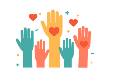 Raised helping hands vector flat icon. Crowd of people for volunteer and charity work. Community support, unity, hope, and love concept. Social care, donation, and teamwork.