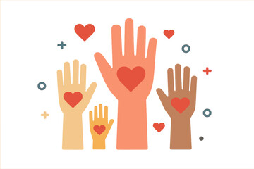 Raised helping hands vector icon. Diverse community of people volunteer for charity. Unity, love and support concept. Multiethnic crowd giving care and hope. Flat illustration.