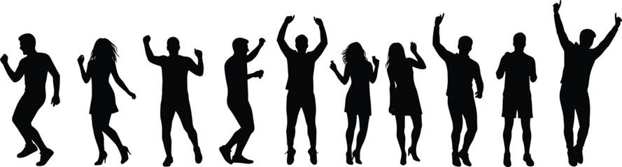 Silhouette of people dancing, energetic crowd, party celebration, modern lifestyle, fun movement, music festival, happy friends, joyful night event illustration