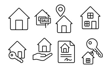Real estate icon set for property investment, buying and selling. Vector line art symbols of house, key, sale sign, contract and location. Editable stroke for web and apps.