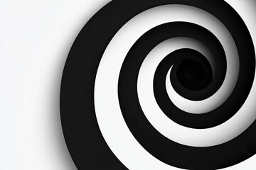 Graphic monochrome spiral design, black and white concentric circles drawing the eye inward
