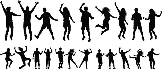 Silhouette of people dancing, party celebration, energetic crowd, fun lifestyle, music festival, joyful movement, nightlife friends, happy dance, entertainment illustrationSilhouette of people 