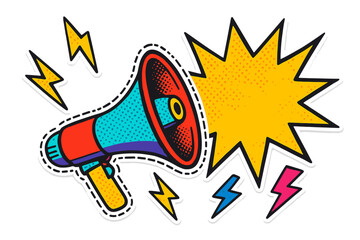Pop art megaphone sticker for sales promotion. Retro 90s loudspeaker announcement with comic explosion speech bubble. Vector advertising background with doodle lightning bolts.